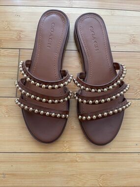 Women Coach Brown Leather Slide Sandals with Gold Bead Straps Size 6.5